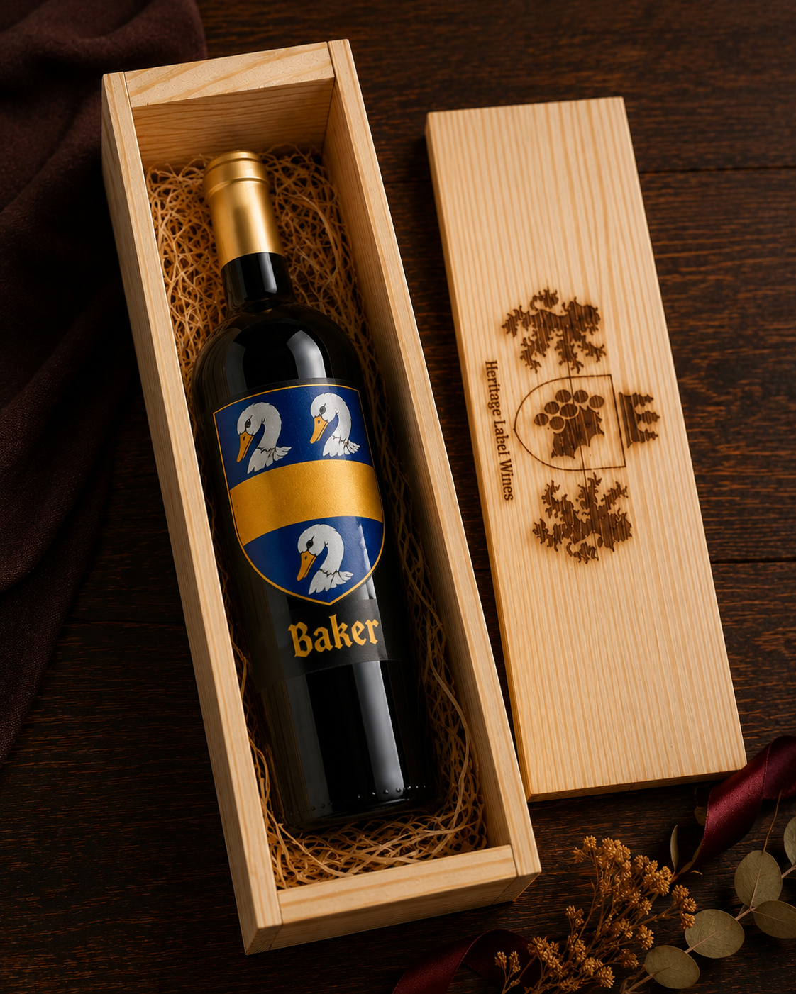The Baker family crest, presented in a wooden gift box